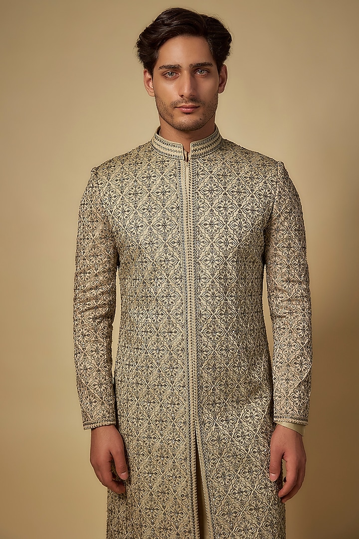 Coffee Brown Silk Groom Sherwani Set by Seema Gujral Men at Pernia's Pop Up Shop