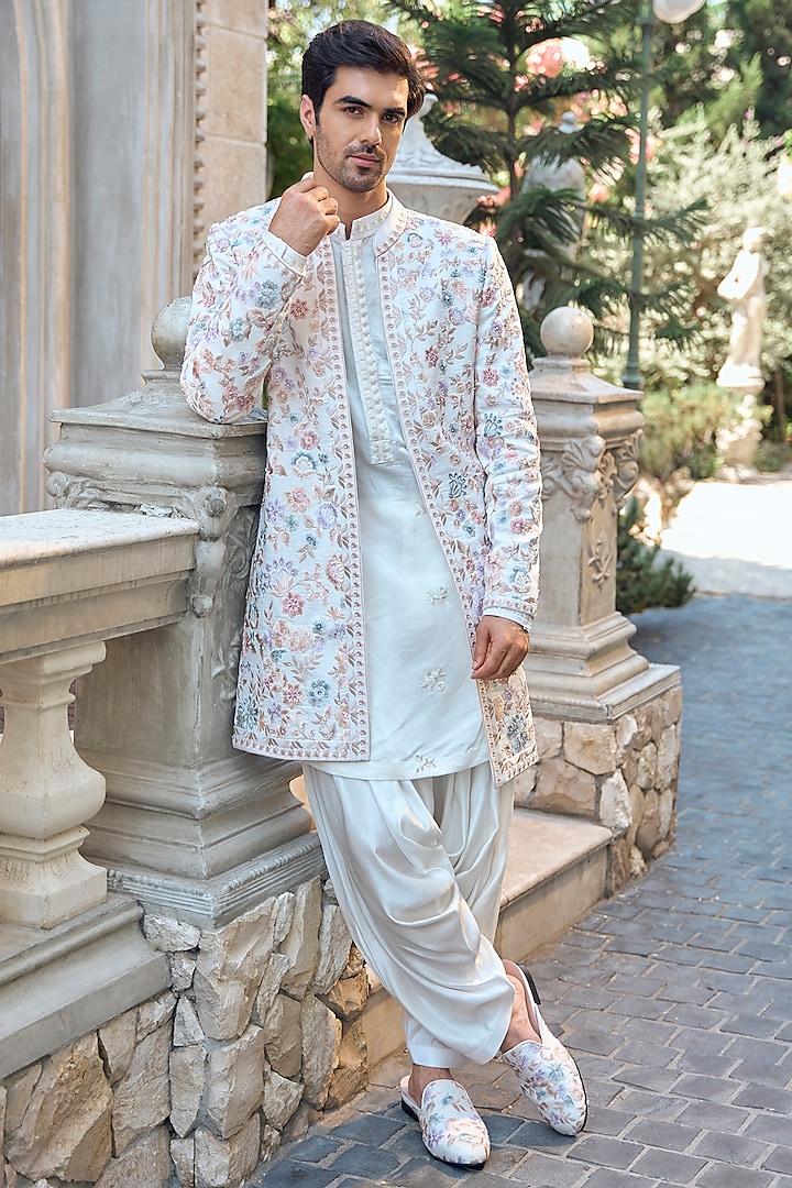 Ivory Bemberg Satin Thread Embroidered Indowestern Set by Seema Gujral Men