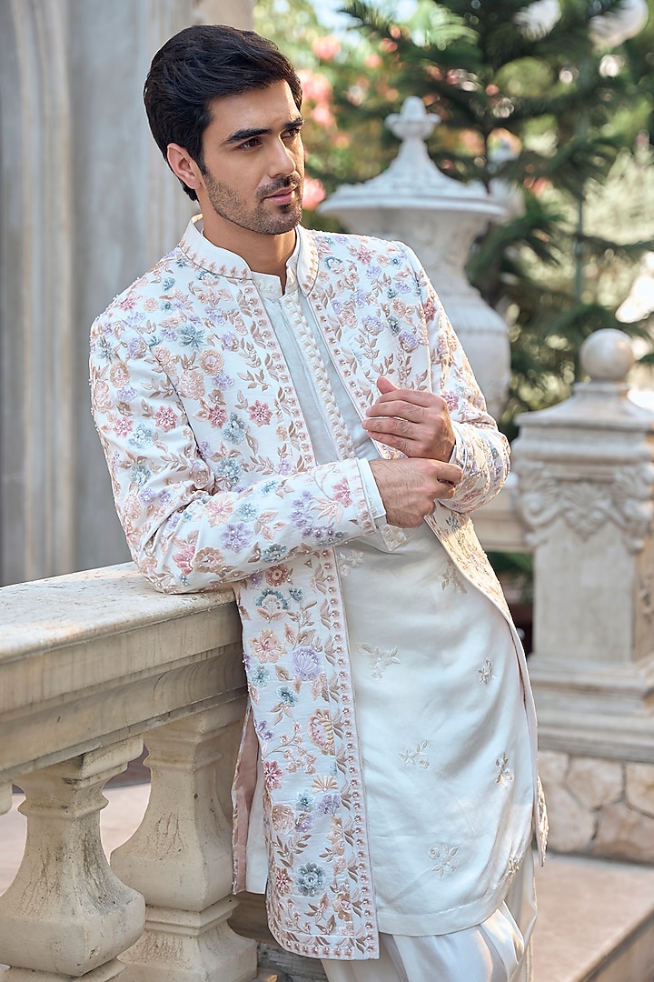 Ivory Bemberg Satin Thread Embroidered Indowestern Set by Seema Gujral Men at Pernia's Pop Up Shop