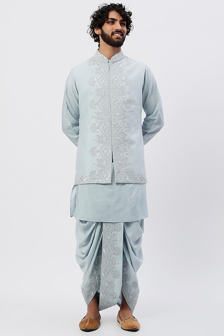 Powder Blue Embroidered Nehru Jacket With Kurta Set by Seema Gujral Men