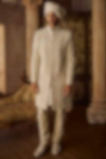 Nude Raw Silk Pearl Embroidered Sherwani Set by Seema Gujral Men