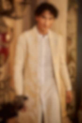 Nude Raw Silk Thread Embroidered Sherwani Set by Seema Gujral Men