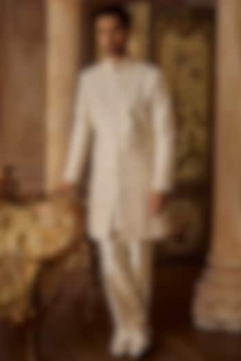 Ivory Raw Silk & Matka Silk Thread Embroidered Sherwani Set by Seema Gujral Men