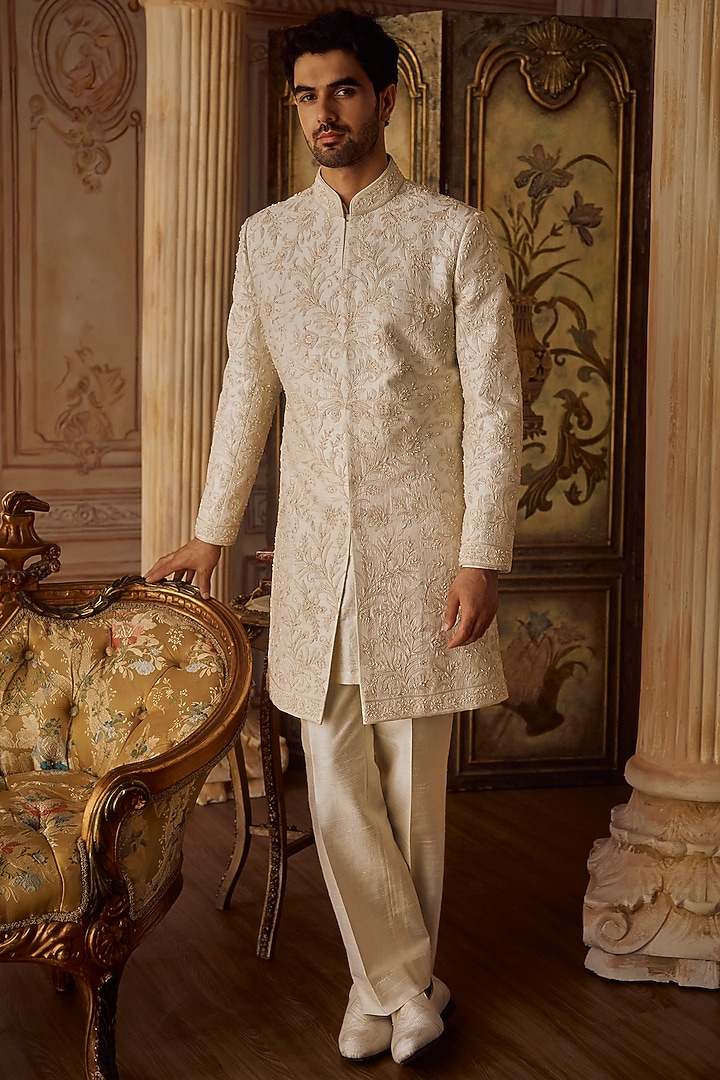 Ivory Raw Silk & Matka Silk Thread Embroidered Sherwani Set by Seema Gujral Men