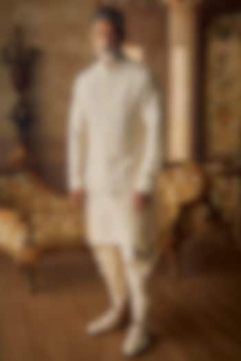 Champagne Raw Silk Floral Embroidered Bundi Jacket Set by Seema Gujral Men