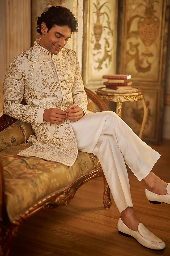Ivory & Gold Raw Silk Thread Embroidered Groom Sherwani Set by Seema Gujral Men at Pernia's Pop Up Shop