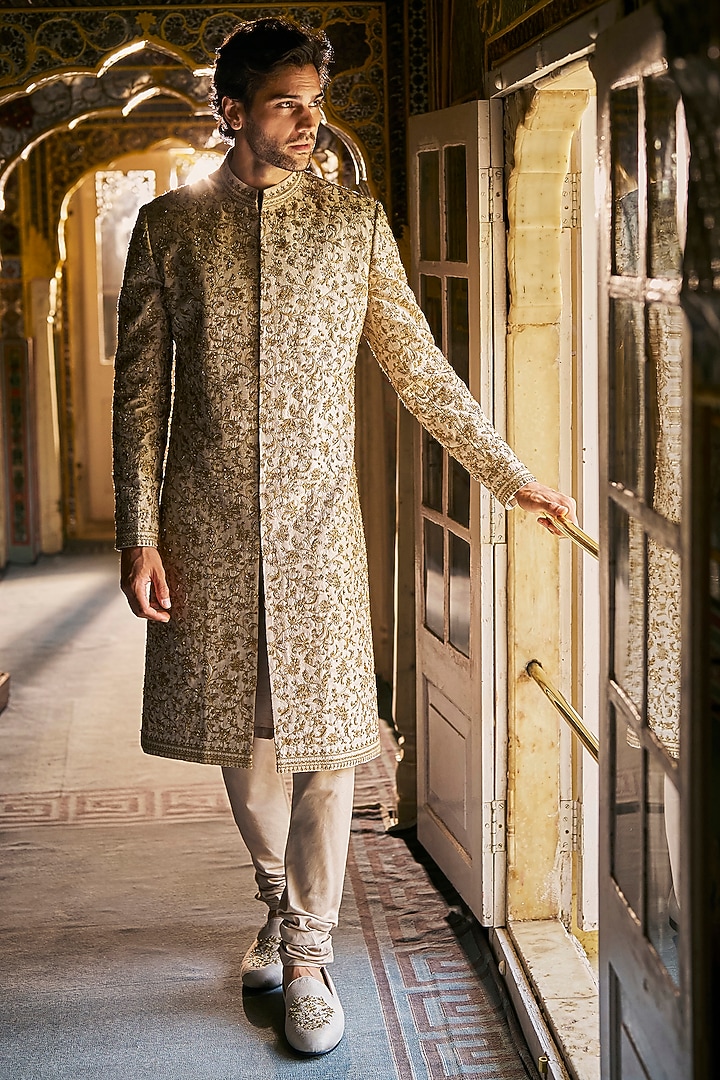 Beige Raw Silk Zardosi Embroidered Sherwani Set by Seema Gujral Men