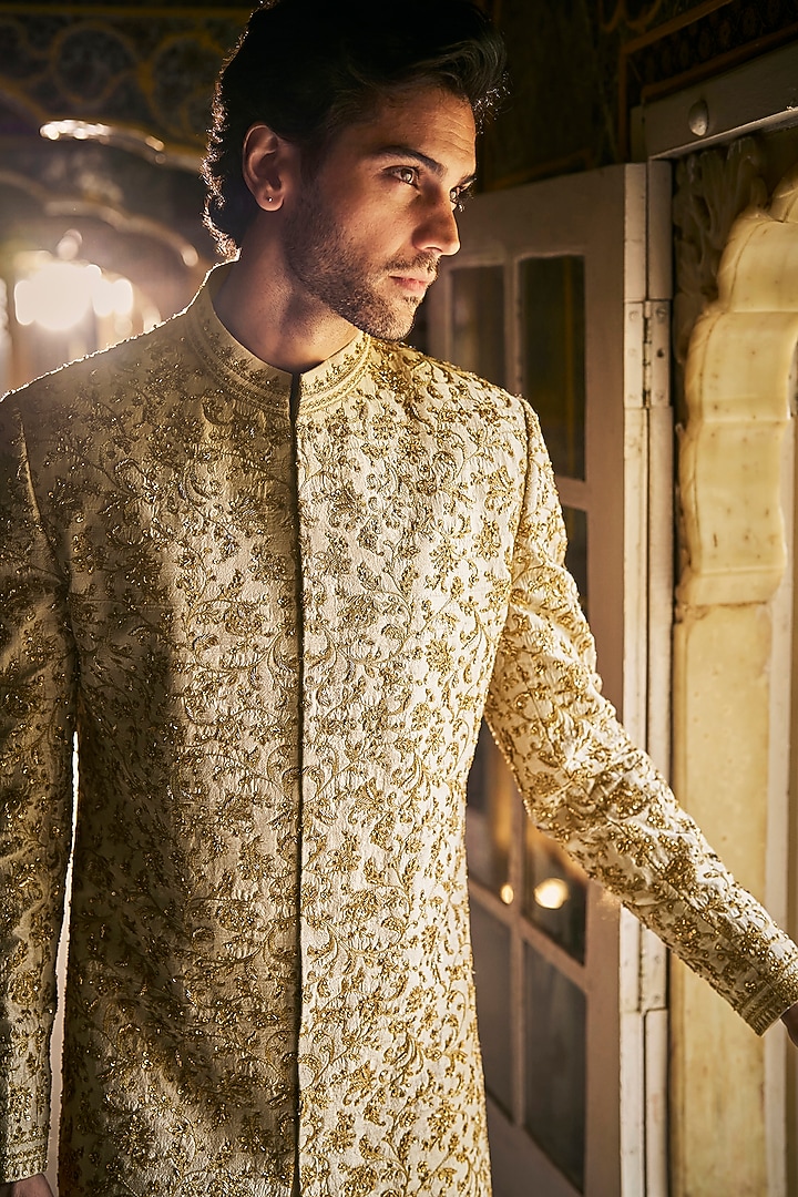 Beige Raw Silk Zardosi Embroidered Groom Sherwani Set by Seema Gujral Men at Pernia's Pop Up Shop