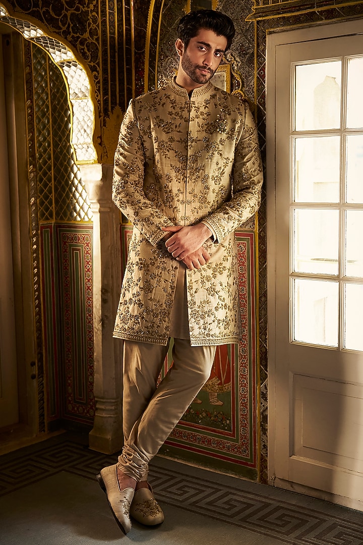 Beige Raw Silk Zardosi Embroidered Sherwani Set by Seema Gujral Men