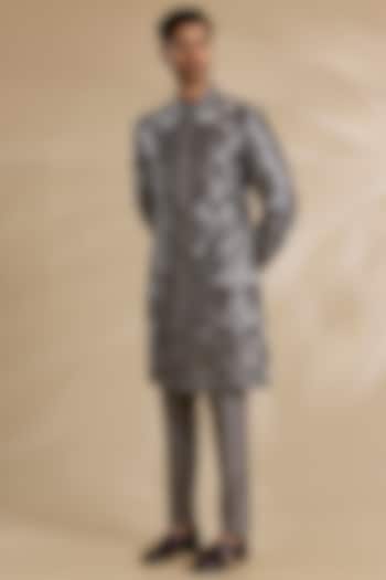 Grey Metallic Raw Silk & Cotton Silk Sherwani Set by Seema Gujral Men