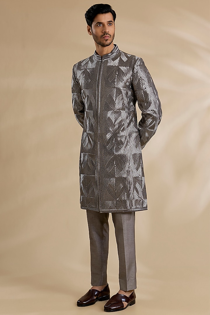 Grey Metallic Raw Silk & Cotton Silk Sherwani Set by Seema Gujral Men