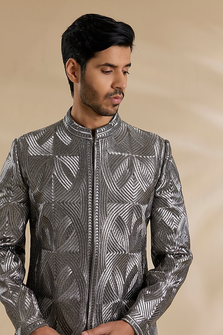 Charcoal Colored Textured Silk Embroidered Groom Sherwani Set by Seema Gujral Men at Pernia's Pop Up Shop