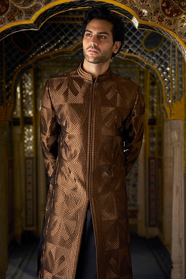 Bronze Silk Thread Embroidered Groom Sherwani Set by Seema Gujral Men at Pernia's Pop Up Shop