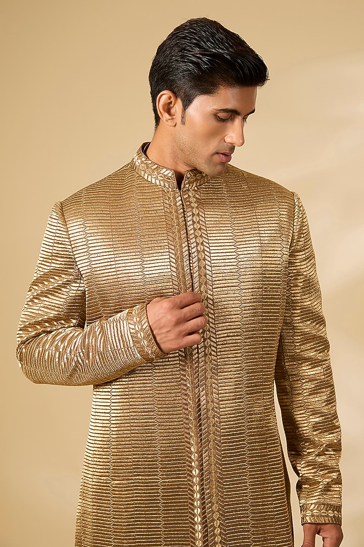 Military Green Raw Silk Thread Embroidered Groom Sherwani Set by Seema Gujral Men at Pernia's Pop Up Shop
