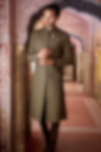 Olive Green Textured Silk Thread Work Sherwani Set by Seema Gujral Men