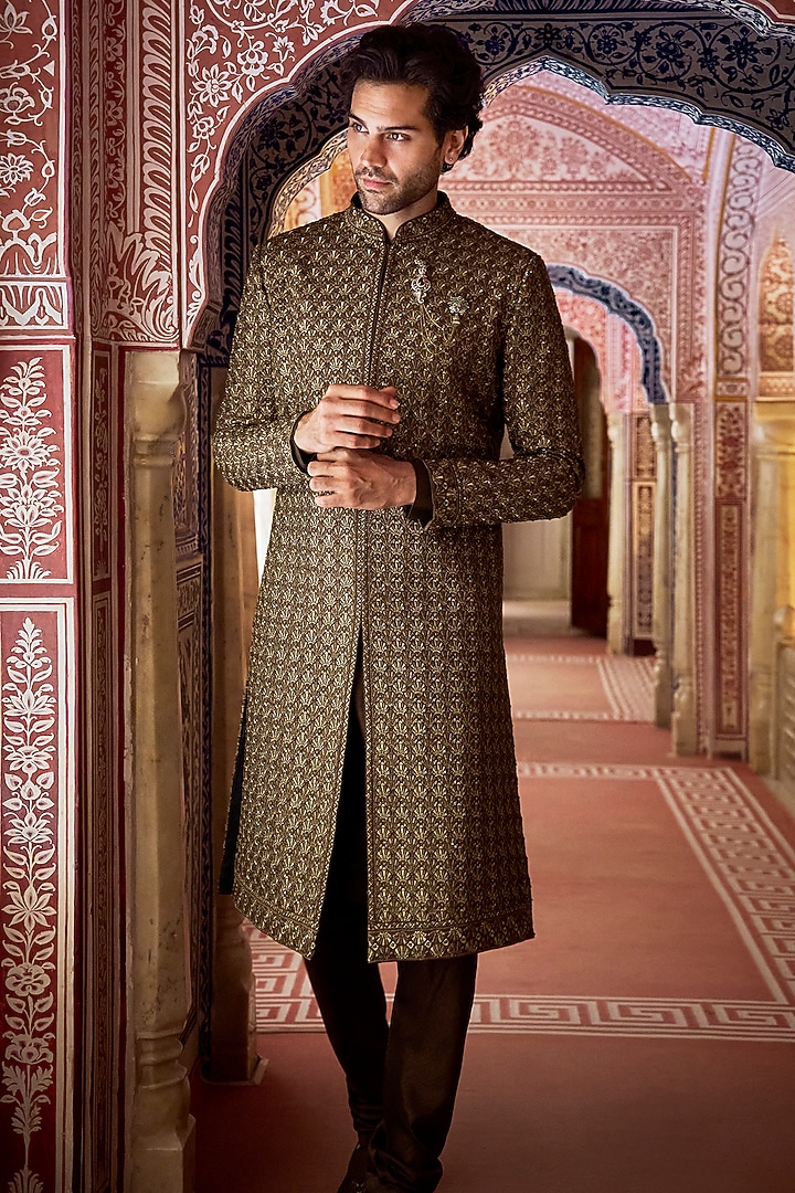Olive Green Textured Silk Thread Work Sherwani Set by Seema Gujral Men