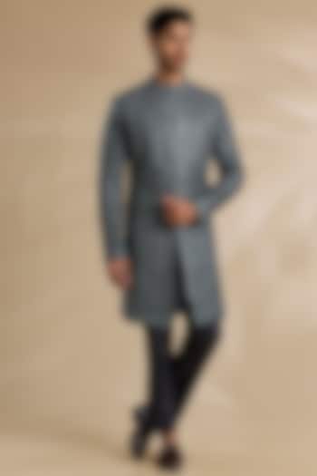 Grey Metallic Raw Silk & Cotton Silk Sherwani Set by Seema Gujral Men