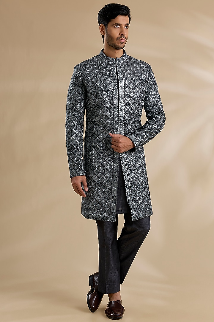 Grey Metallic Raw Silk & Cotton Silk Sherwani Set by Seema Gujral Men