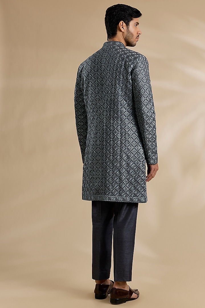Charcoal Colored Textured Silk Thread Work Groom Sherwani Set by Seema Gujral Men at Pernia's Pop Up Shop