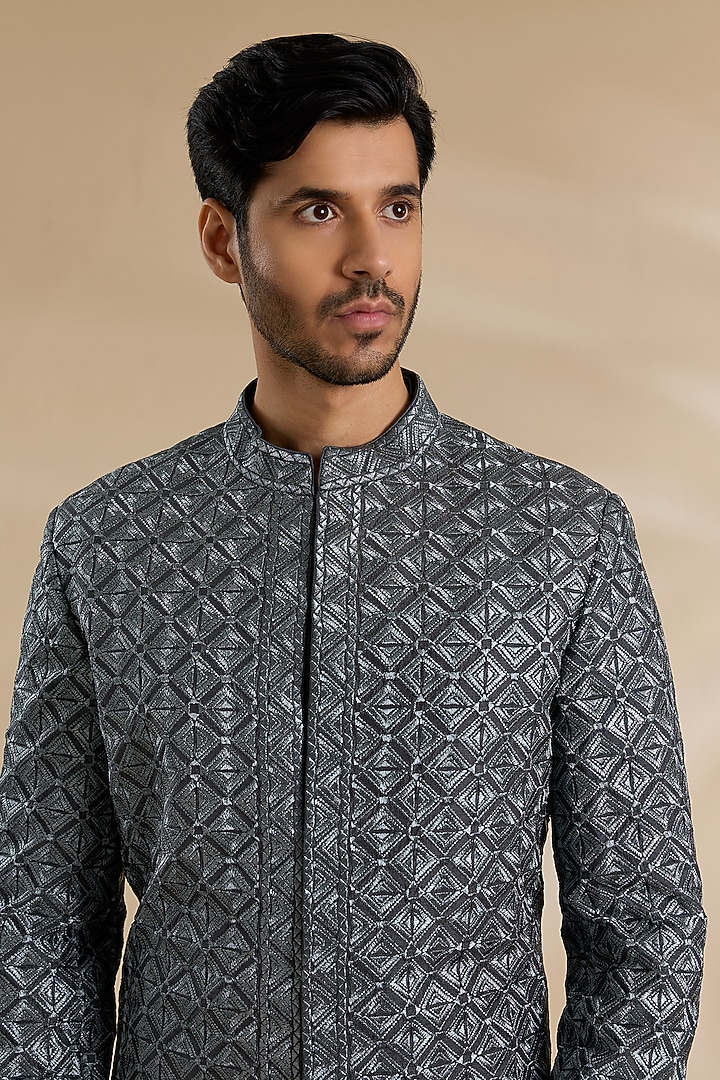 Charcoal Colored Textured Silk Thread Work Groom Sherwani Set by Seema Gujral Men at Pernia's Pop Up Shop