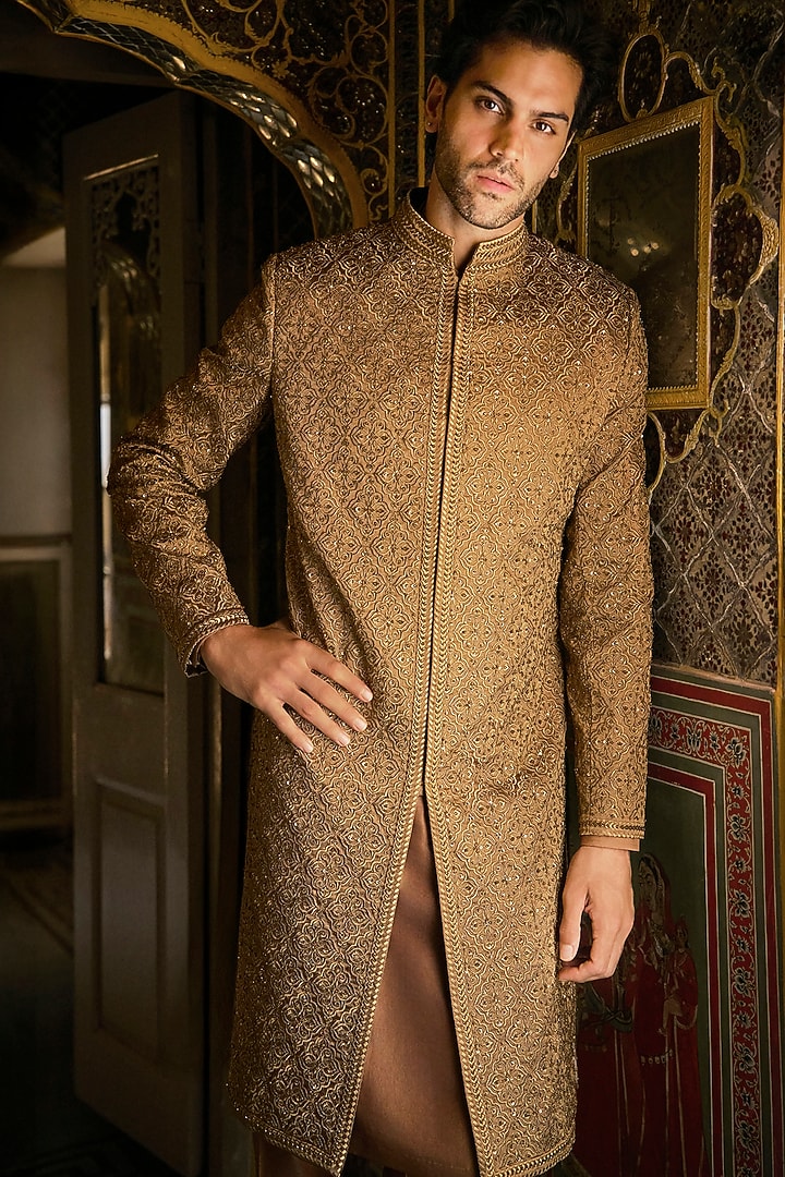 Antique Gold Tissue Silk Thread Embroidered Sherwani Set by Seema Gujral Men