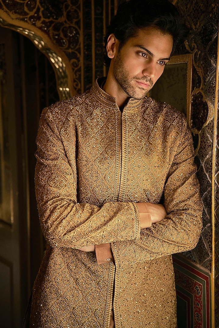 Antique Gold Tissue Silk Thread Embroidered Groom Sherwani Set by Seema Gujral Men at Pernia's Pop Up Shop
