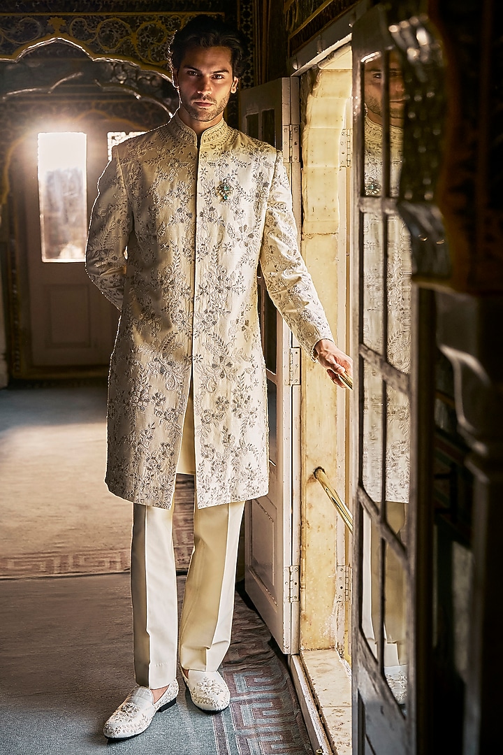 Ivory Raw Silk Dori Embroidered Sherwani Set by Seema Gujral Men
