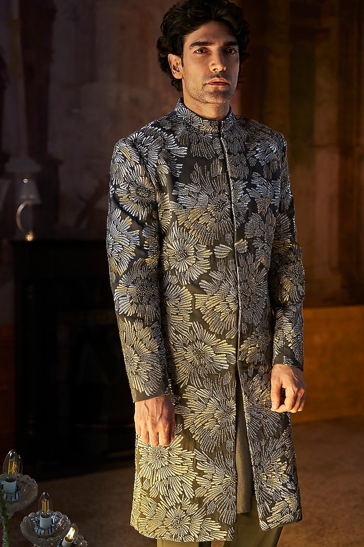 Charcoal Colored Suiting Fabric Embroidered Groom Sherwani Set by Seema Gujral Men at Pernia's Pop Up Shop