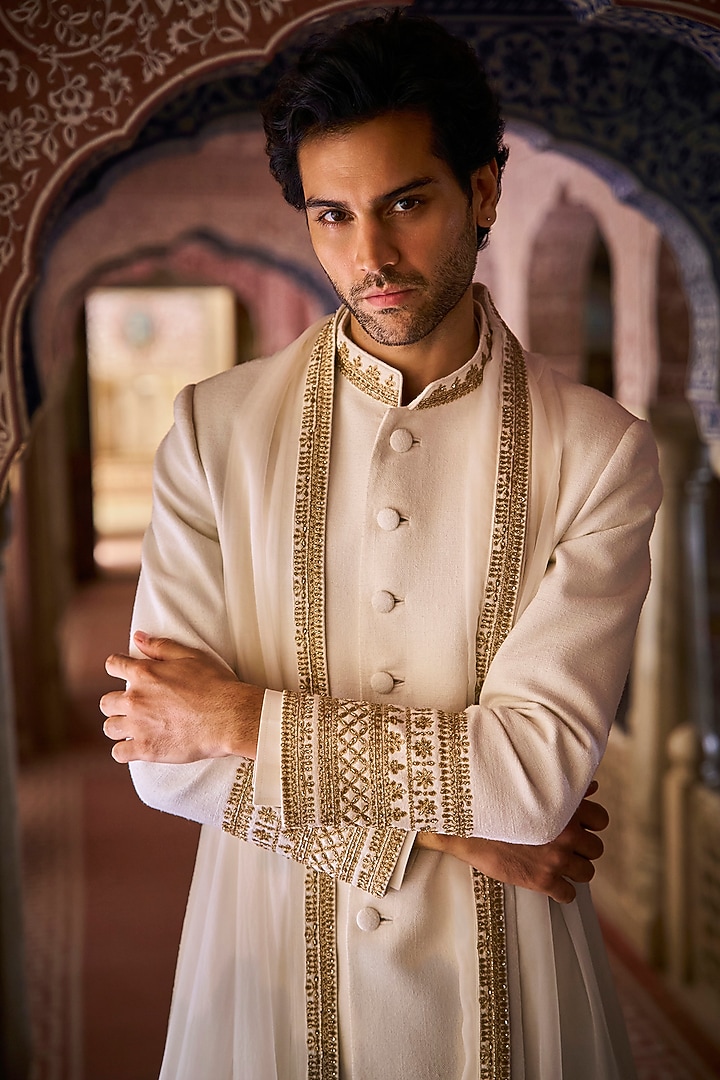 Ivory Matka Silk Zardosi Embroidered Groom Sherwani Set by Seema Gujral Men at Pernia's Pop Up Shop