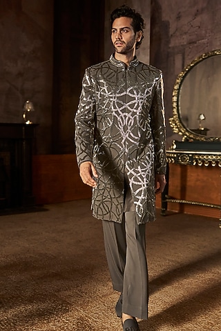 Grey Suiting Fabric Embroidered Sherwani Set by Seema Gujral Men