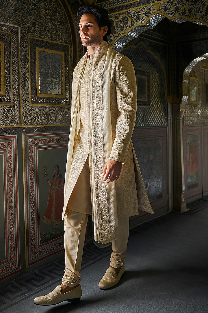Champagne Raw Silk Thread Embroidered Sherwani Set by Seema Gujral Men