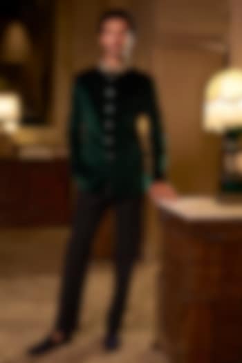 Emerald Green Velvet Zardosi Embroidered Groom Bandhgala Set by Seema Gujral Men at Pernia's Pop Up Shop