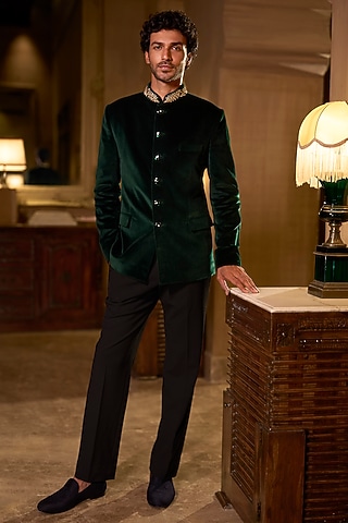 Emerald Green Velvet Zardosi Embroidered Bandhgala Set by Seema Gujral Men