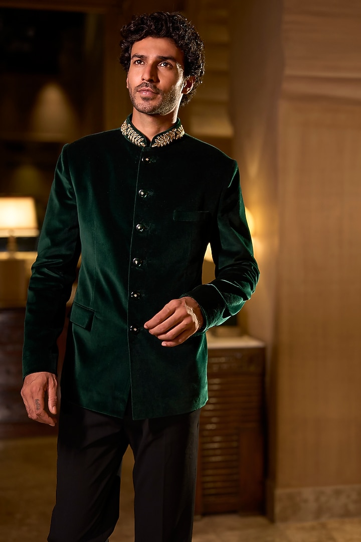 Emerald Green Velvet Zardosi Embroidered Groom Bandhgala Set by Seema Gujral Men at Pernia's Pop Up Shop