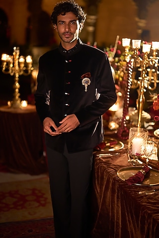 Black Velvet Bead Embroidered Bandhgala Set by Seema Gujral Men
