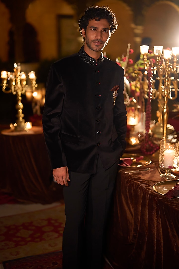 Black Velvet Bead Embroidered Groom Bandhgala Set by Seema Gujral Men at Pernia's Pop Up Shop