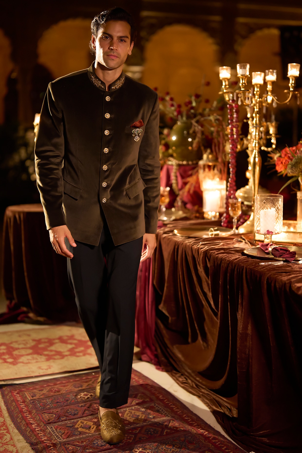 Seema Gujral Olive Green Velvet Bandhgala Set