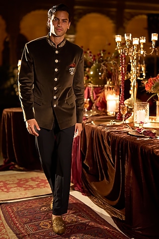 Olive Green Velvet Bandhgala Set by Seema Gujral Men