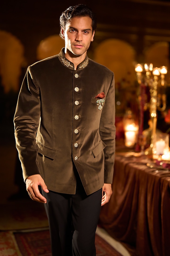 Olive Green Velvet Groom Bandhgala Set by Seema Gujral Men at Pernia's Pop Up Shop
