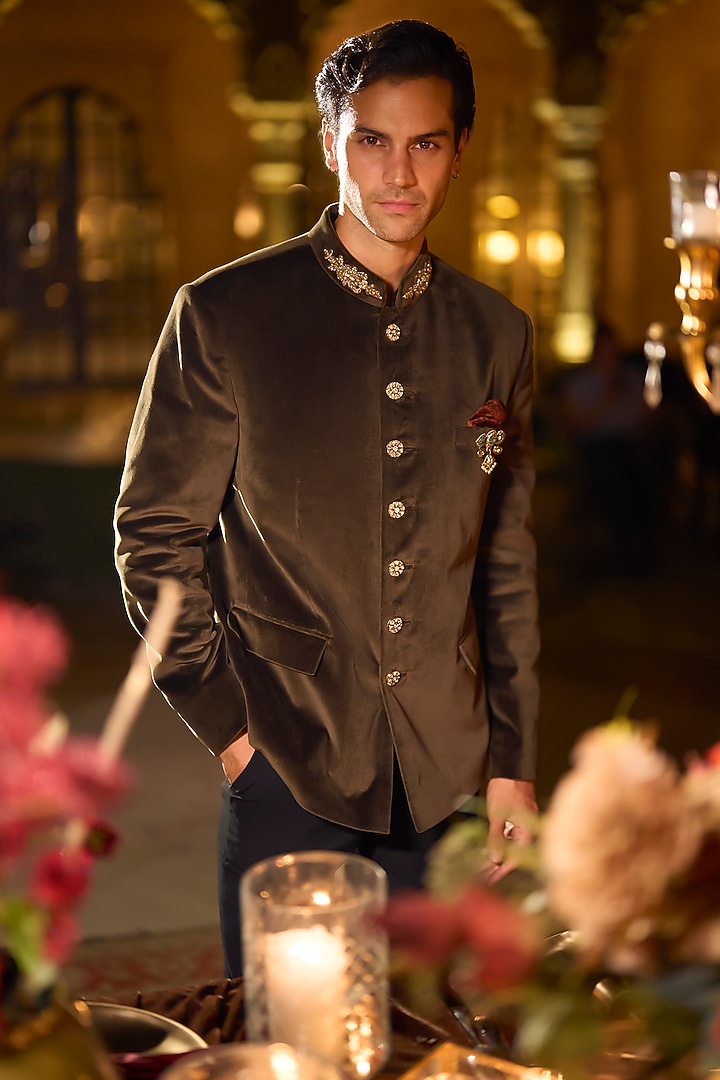 Olive Green Velvet Groom Bandhgala Set by Seema Gujral Men at Pernia's Pop Up Shop