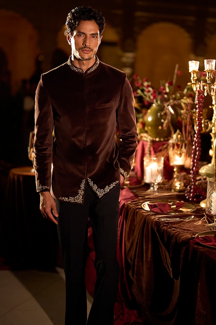 Brown Velvet Zardosi Embroidered Groom Bandhgala Set by Seema Gujral Men at Pernia's Pop Up Shop