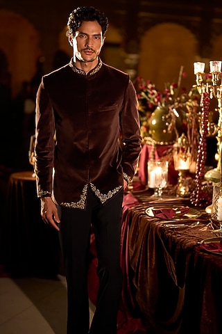 Brown Velvet Zardosi Embroidered Bandhgala Set by Seema Gujral Men
