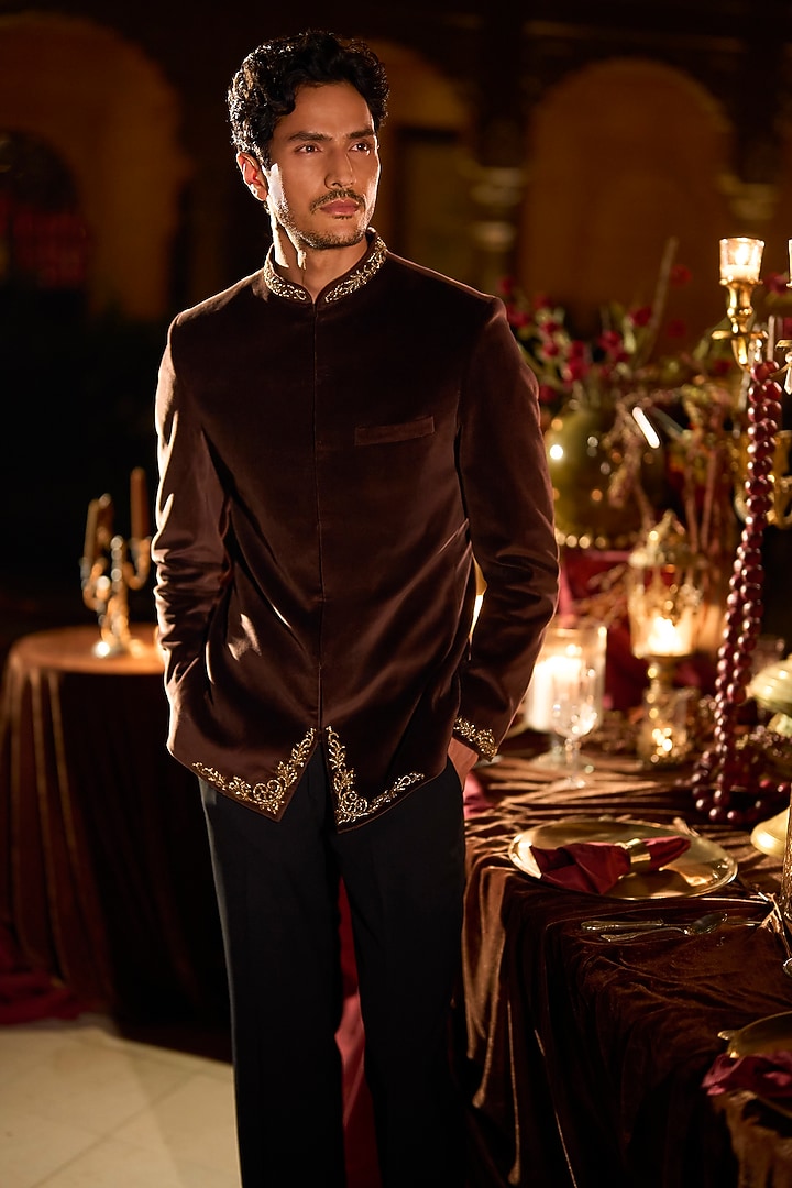 Brown Velvet Zardosi Embroidered Groom Bandhgala Set by Seema Gujral Men at Pernia's Pop Up Shop