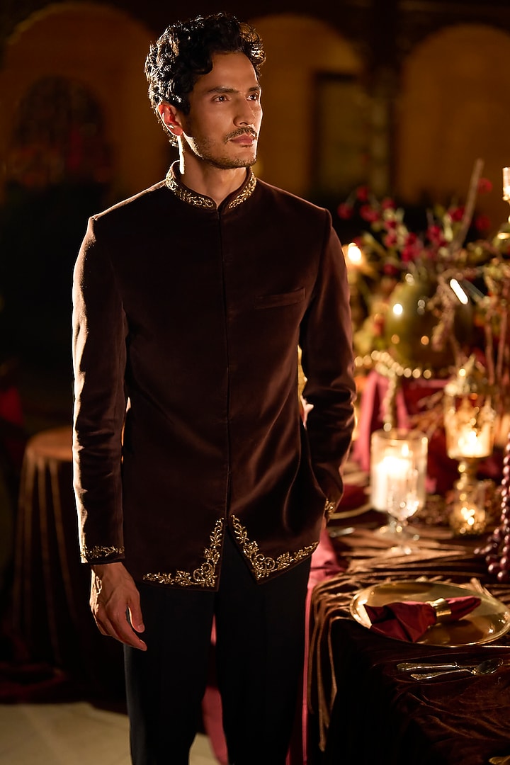 Brown Velvet Zardosi Embroidered Groom Bandhgala Set by Seema Gujral Men at Pernia's Pop Up Shop