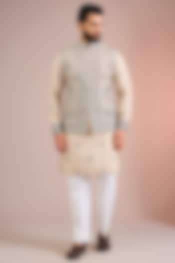Beige Silk Bundi Jacket Set by Seema Gujral Men at Pernia's Pop Up Shop
