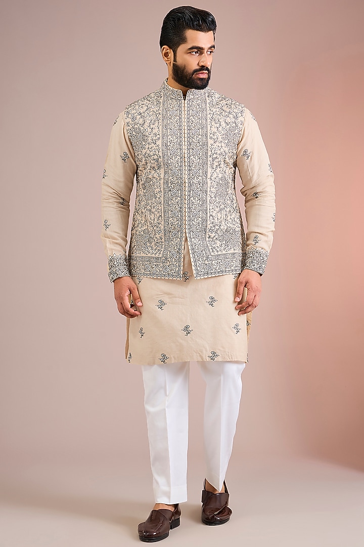 Beige Silk Bundi Jacket Set by Seema Gujral Men at Pernia's Pop Up Shop