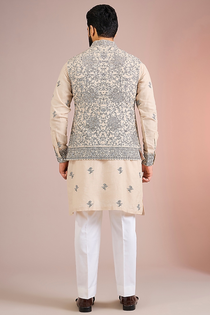 Beige Silk Bundi Jacket Set by Seema Gujral Men at Pernia's Pop Up Shop