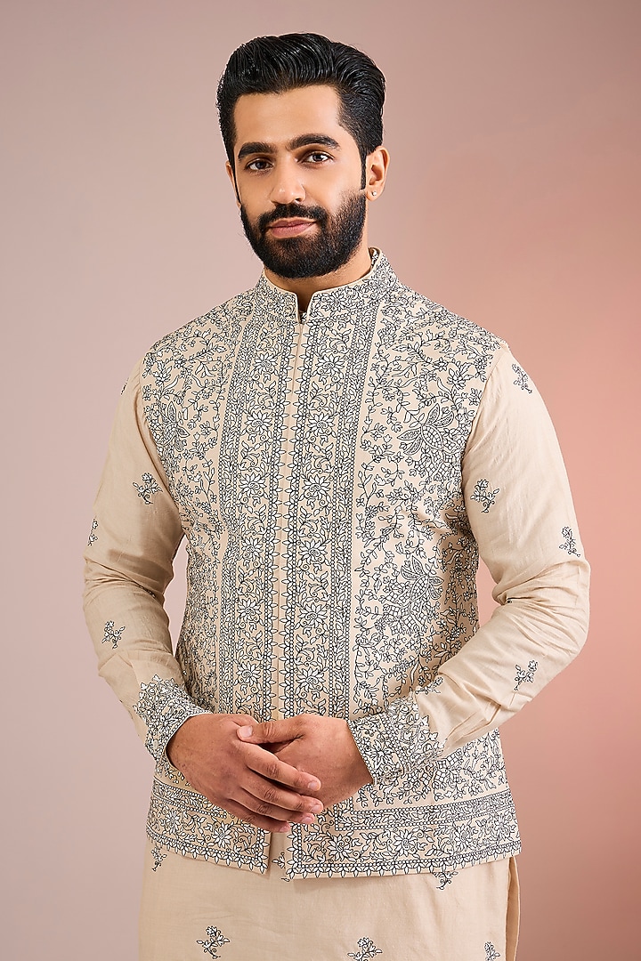 Beige Silk Bundi Jacket Set by Seema Gujral Men at Pernia's Pop Up Shop