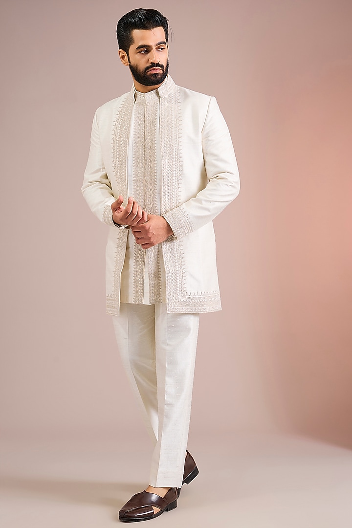Ivory Silk Groom Indowestern Set by Seema Gujral Men at Pernia's Pop Up Shop