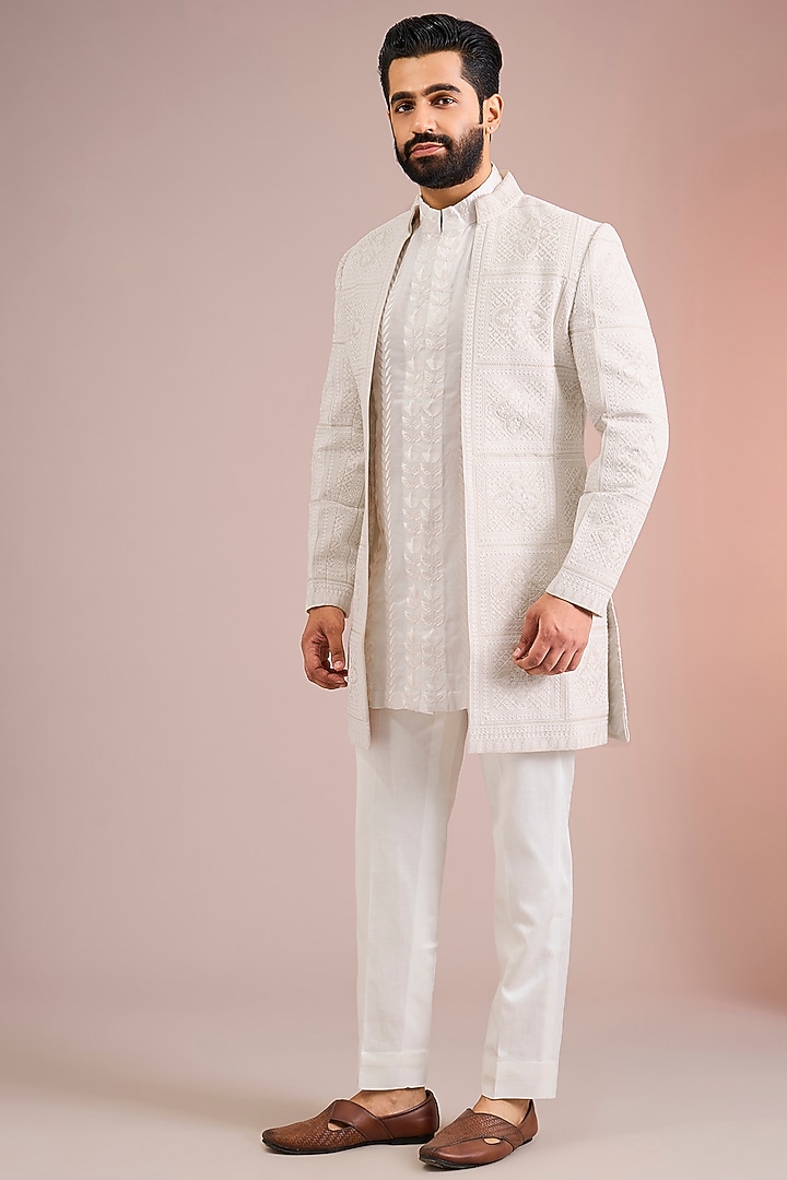 Beige Silk Groom Indowestern Set by Seema Gujral Men at Pernia's Pop Up Shop